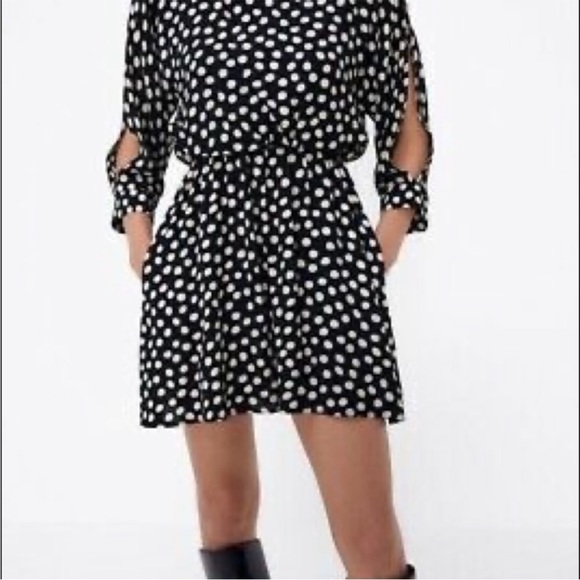 Zara polka dot 3/4 sleeves mini Fit Flare dress gold buttons down one arm  XS - Picture 2 of 12